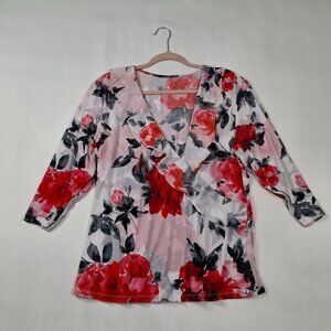 Karl Lagerfeld Womens Plus Sz 1X Red Floral Cross Front Ruffled ¾ Sleeve Stretch